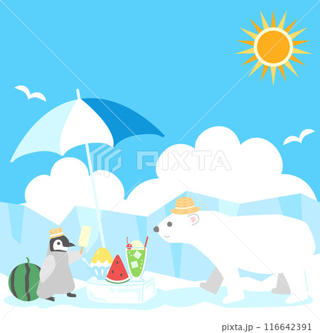 暑中お見舞いや夏イメージに使えるペンギンとシロクマの可愛いイラスト　アスペクト比1：1バージョン 116642391