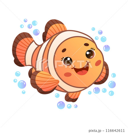 Cute cartoon clownfish with bubbles. Vector Illustration for children's books, educational materials, nursery decor 116642611