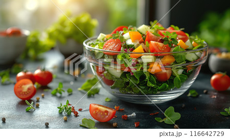 ガラスボウルに盛られたサラダ 116642729
