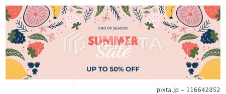 Cheerful End of Summer Sale banner with limited time offer, soft pink background adorned with illustrated lemons, figs, strawberries, blueberries, and pink and green foliage. Cheerful End of Summer Sale banner with limited time offer, soft pink background adorned with illustrated lemons, figs, strawberries, blueberries, and pink and green foliage. 116642852