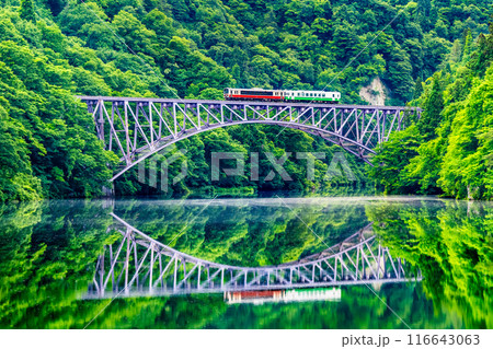福島 只見線　水鏡の第一只見川橋梁を渡る列車 116643063