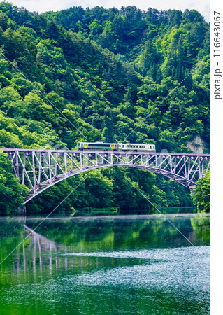 福島 只見線 夏の第一只見川橋梁を渡る列車 福島 只見線 夏の第一只見川橋梁を渡る列車 116643067