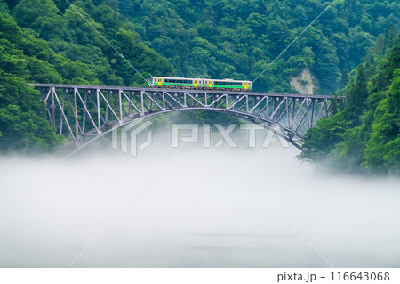 福島 只見線 川霧の第一只見川橋梁を渡る列車 福島 只見線 川霧の第一只見川橋梁を渡る列車 116643068