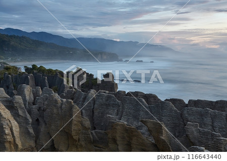 Ocean beach cliffs and mist in New Zealand 116643440