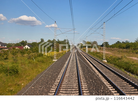 Rails with train, railway travel 116643442