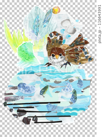 一幅拼貼畫中沐浴的麻雀的風景插圖 116643991