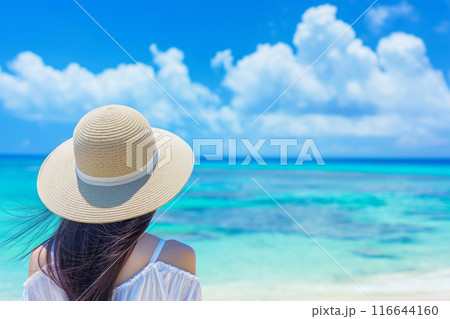 綺麗な珊瑚礁の海を眺める一人旅の若い女性 116644160