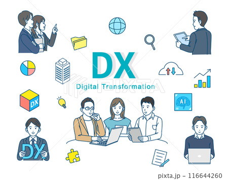DX推進や取り組みをするスタートアップ企業のイラストセット DX推進や取り組みをするスタートアップ企業のイラストセット 116644260
