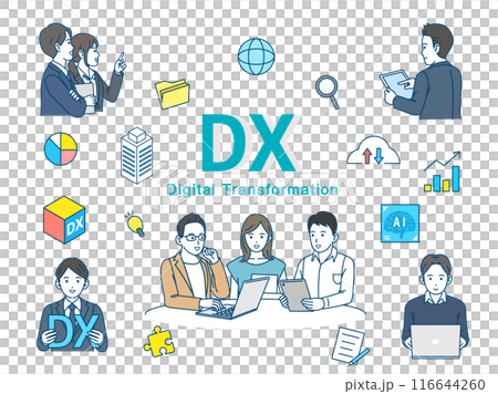 DX推進や取り組みをするスタートアップ企業のイラストセット DX推進や取り組みをするスタートアップ企業のイラストセット 116644260