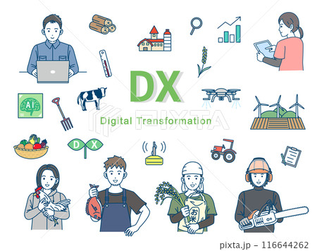 DX推進や取り組みをする一次産業のイラストセット DX推進や取り組みをする一次産業のイラストセット 116644262