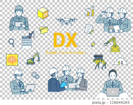 Illustration set of construction and manufacturing industries promoting and working on digital transformation 116644265