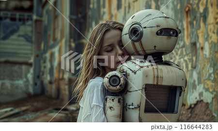 Tender moment between a woman and a futuristic robot 116644283