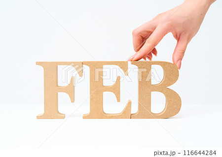 「FEB」と並べられたアルファベットの木製ブロック 116644284