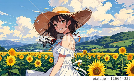ひまわり畑を散策する女性 116644325