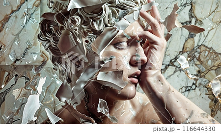 Sculptural bust of a woman breaking into fragments 116644330