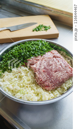 ボウルの中の餃子の具材(キャベツ・にら・豚ひき肉)|ギョウザを作る イメージ ボウルの中の餃子の具材(キャベツ・にら・豚ひき肉)|ギョウザを作る イメージ 116644467