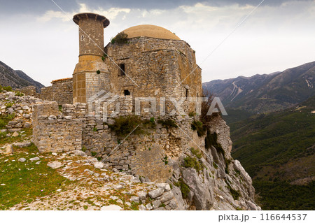 Ruins of antique Borsh Castle at Albania 116644537