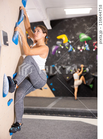 Young woman practicing rock climbing on climbing wall Young woman practicing rock climbing on climbing wall 116644758