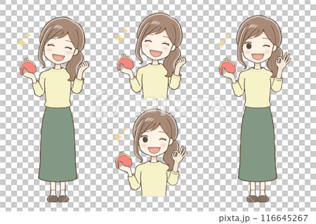 A woman in yellow clothes is holding a red purse and giving an OK sign 116645267