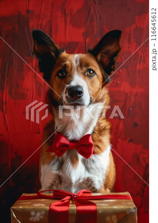 A dog wearing a red bow is sitting on a wooden floor next to presents A dog wearing a red bow is sitting on a wooden floor next to presents 116645612