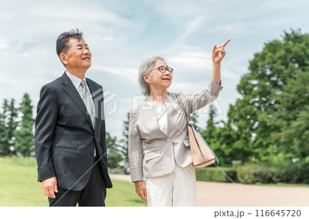 公園を歩くシニア世代のスーツ姿のビジネスウーマンとビジネスマン（経営者・社長・アクティブシニア） 116645720