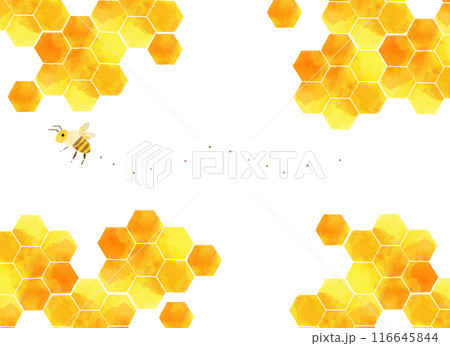水彩風　飛ぶ蜂とハニカム模様のイラスト 116645844