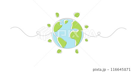 Earth with Green Leaf.  Continuous line art drawing. Ecology and Environment concept.  Line art vector illustration. 116645871