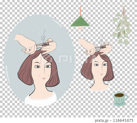 Woman getting a haircut at a salon, hairdresser's hands holding scissors, welcoming salon space 116645875
