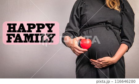 Happy Family. Pregnant woman with a rubber heart in hand on a light background Happy Family. Pregnant woman with a rubber heart in hand on a light background 116646280