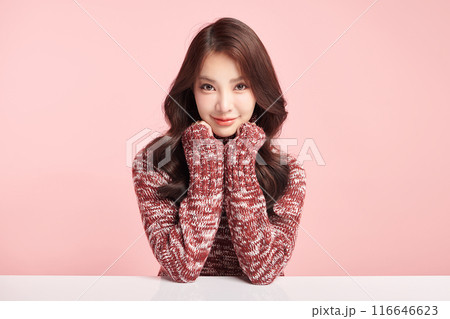 Beautiful young asian woman with clean fresh skin on pink background, Face care, Facial treatment, Cosmetology, beauty and spa, Asian women portrait. 116646623