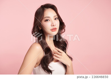 Beautiful young asian woman with clean fresh skin on pink background, Face care, Facial treatment, Cosmetology, beauty and spa, Asian women portrait. 116646650