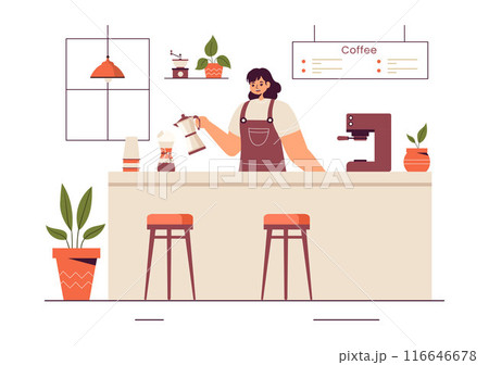 Barista Vector Illustration Wearing an Apron, Standing and Whipping Milk into a Coffee Mug for a Customer in a Flat Style Cartoon Background 116646678