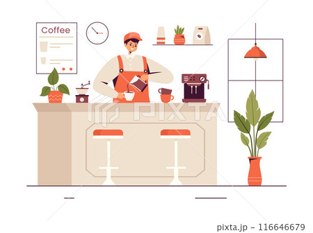 Barista Vector Illustration Wearing an Apron, Standing and Whipping Milk into a Coffee Mug for a Customer in a Flat Style Cartoon Background 116646679
