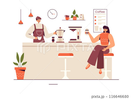 Barista Vector Illustration Wearing an Apron, Standing and Whipping Milk into a Coffee Mug for a Customer in a Flat Style Cartoon Background 116646680
