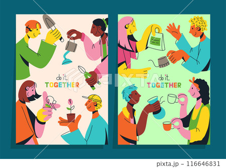 Set of posters with multicultural team of young people flat vector illustration. Unity in diversity. People are doing something together. Set of posters with multicultural team of young people flat vector illustration. Unity in diversity. People are doing something together. 116646831