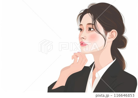 考えている日本人の女性会社員のイラスト（背景なし・ビジネスウーマン・キャリアウーマン）	 116646853