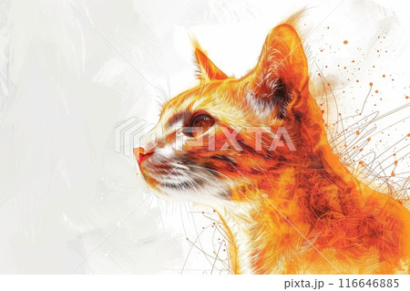 オレンジの猫の横顔の水彩画（ドローイング・ラインアート・幻想