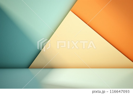 抽象背景バナー。青緑・黄色・オレンジの幾何学的な壁と平らな床がある空間。AI生成画像 116647093