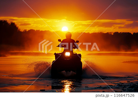 ATV run on river with view of sunset over the forest, with silhouetted background , generative ai 116647526