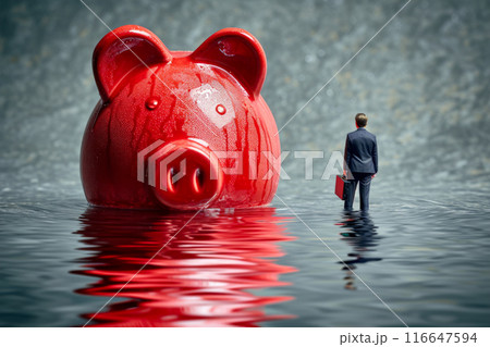 Piggy bank drowning in debt, business concept of bankruptcy and losing money. ai generative Piggy bank drowning in debt, business concept of bankruptcy and losing money. ai generative 116647594