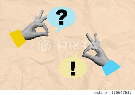 Two hands are holding up with one hand pointing to a question mark 116647635