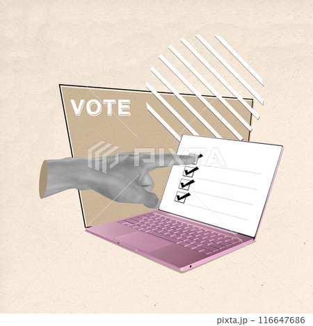 A human hand gives a vote on a laptop screen 116647686