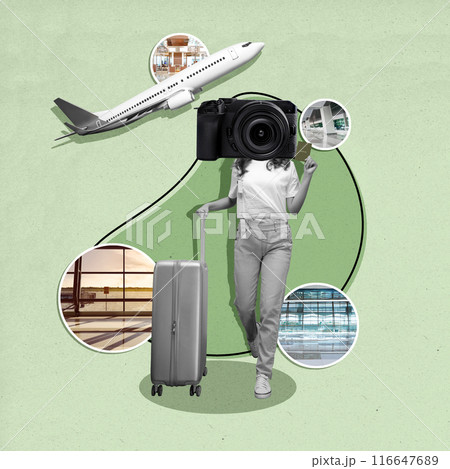 A woman with a camera head holding a passport while carrying a suitcase with a flying passenger airplane 116647689