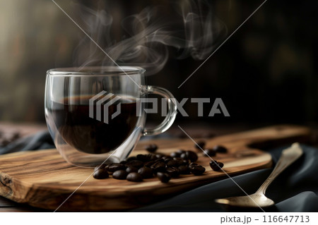 Glass cup of black coffee on scattered coffee beans displayed on wooden table. 116647713