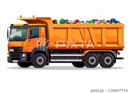 Flat illustration with eco-friendly garbage yellow truck full of garbage. Generated by artificial intelligence 116647714
