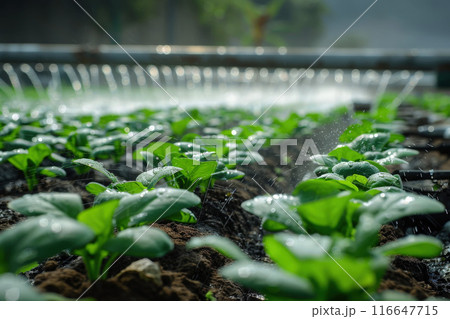 smart farm springer watering vegetables growing in outdoor farm . generative Ai 116647715