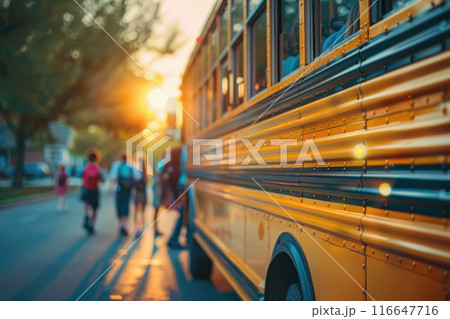 Back to school: Children step onto the school bus. Generative AI 116647716