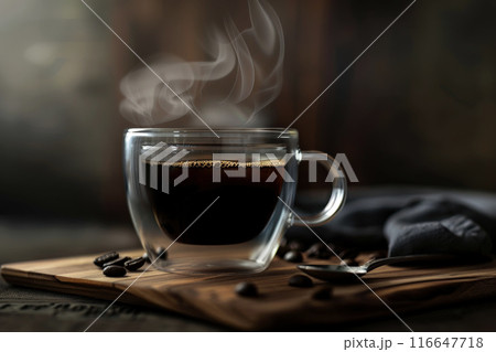 Glass cup of black coffee on scattered coffee beans displayed on wooden table. 116647718
