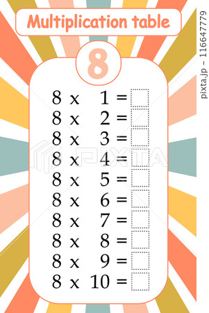 Multiplication table by 8 with a task to consolidate the knowledge of multiplication. Vector illustration 116647779