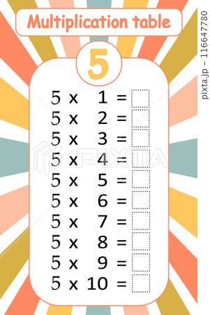 Multiplication table by 5 with a task to consolidate the knowledge of multiplication. Vector illustration Multiplication table by 5 with a task to consolidate the knowledge of multiplication. Vector illustration 116647780